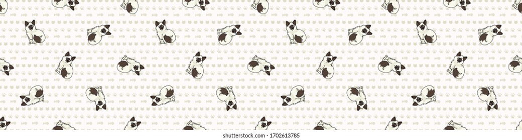 Cute cartoon kitten seamless border pattern. Pedigree kitty breed background. Fluffy cat lover washi ribbon. Feline EPS 10 trim. 