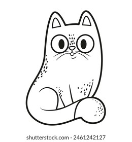 Cute cartoon kitten sit on floor outlined for coloring page on a white background. Image produced without the use of any form of AI software at any stage.