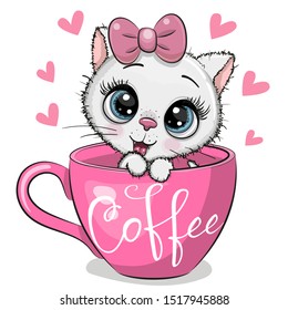 Cute Cartoon Kitten is sitting in a Cup of coffee