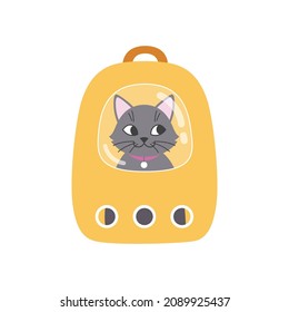 Cute cartoon kitten sitting inside pet backpack with window. Cat-traveller, going to vet, pet-friendly concept. Flat vector illustration isolated on white background.