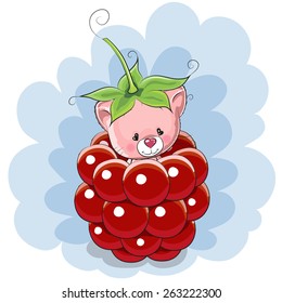 Cute Cartoon Kitten is sitting inside a raspberry