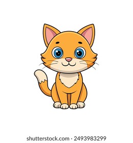 Cute cartoon kitten sitting, looking icon isolated