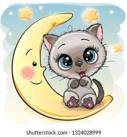 Cute Cartoon Kitten is sitting on the moon