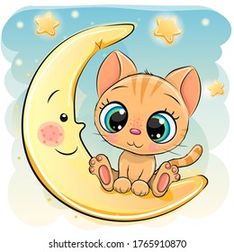 Cute Cartoon Kitten is sitting on the moon