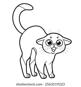 Cute cartoon kitten stands with back arched and ears flattened outlined for coloring page on white background. Image produced without the use of any form of AI software at any stage.