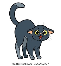 Cute cartoon kitten stands with back arched and ears flattened color variation on white background. Image produced without the use of any form of AI software at any stage.