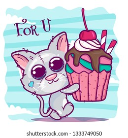 Cute Cartoon Kitten with a sweet cake. Can be used for baby t-shirt print, fashion print design, kids wear, baby shower celebration greeting and invitation card. - Vector