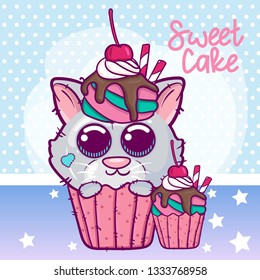 Cute Cartoon Kitten with a sweet cake. Can be used for baby t-shirt print, fashion print design, kids wear, baby shower celebration greeting and invitation card. - Vector