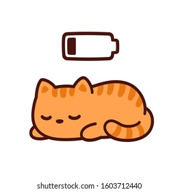 Cute cartoon kitten taking power nap with charging battery. Kawaii sleeping cat drawing, vector illustration.