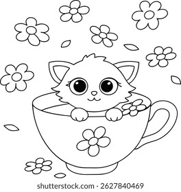 Cute cartoon kitten in a teacup with flowers line art