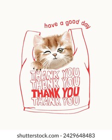 cute cartoon kitten in thank you bag hand drawn vector illustration