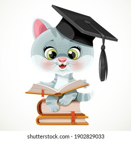 Cute cartoon kitten wearing graduate hat read a book and sit on stack of books isolated on white background