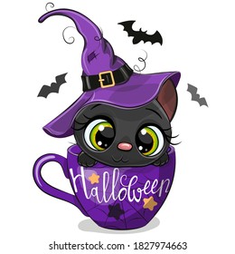 Cute Cartoon Kitten in a witch hat is sitting in a Cup of coffee