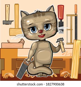 Cute cartoon kitten at the workbench in the carpentry workshop with a saw and a hammer. Flat style. Helps dad. Picture for children. Funny kid animal. Vector