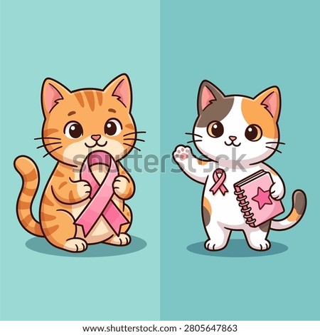 Cute cartoon kittens supporting breast cancer awareness with pink ribbons