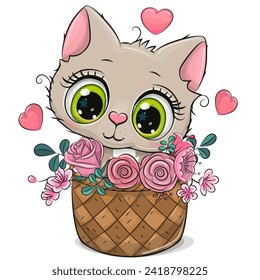 Cute cartoon Kitty in a basket of flowers on a white background