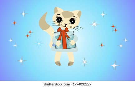 
Cute cartoon kitty with christmas gift.
Beautiful light blue background with stars.
Vector new year illustration.