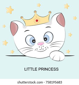 Cute cartoon kitty . Head of cat with lettering Little Princess. Graphics for t-shirts. Greeting card. Vector illustration.