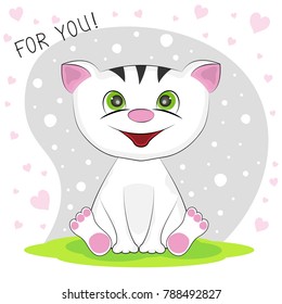 Cute cartoon kitty with lettering For You. Graphics for t-shirts. Greeting card. Vector illustration.