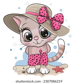 Cute Cartoon Kitty on the beach in a straw hat