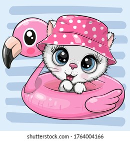 Cute cartoon Kitty in panama hat swimming on pool ring inflatable flamingo
