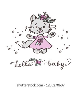 Cute cartoon kitty in a pink dress and with a flower on her head, vector illustration isolated on white background