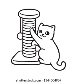 Cute cartoon kitty playing with scratching post. Simple cat drawing, isolated vector illustration.