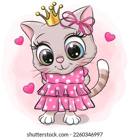 Cute Cartoon Kitty Princess in rosafarbenem Kleid mit Herzen