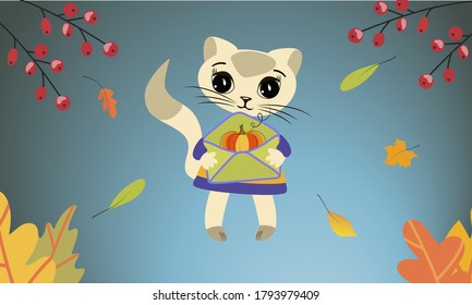 
Cute cartoon kitty with pumpkin in an envelope.
Festive autumn card.
Vector.