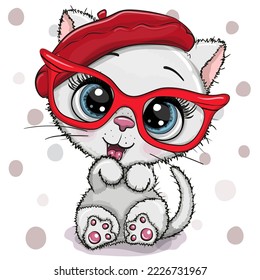 Cute Cartoon kitty in red beret with red glasses on a dots background