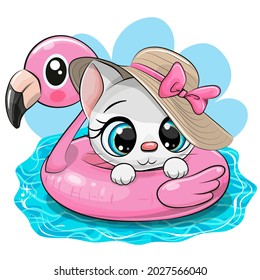 Cute cartoon Kitty in swimming on pool ring inflatable flamingo