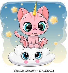 Cute Cartoon Kitty Unicorn is lying a on the Cloud