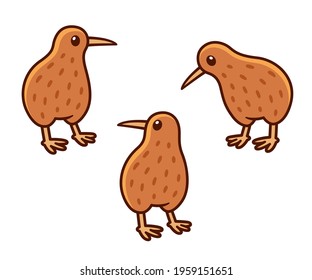 Cute cartoon kiwi bird drawing set. Adorable kiwi doodle in different poses, isolated vector clip art illustration.