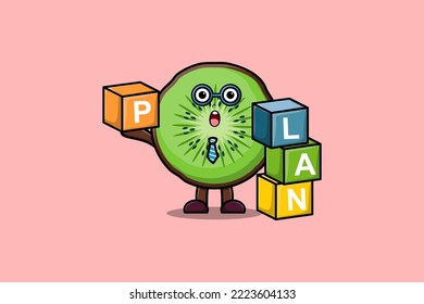 Cute cartoon Kiwi fruit businessman stacking plan box in flat modern style design