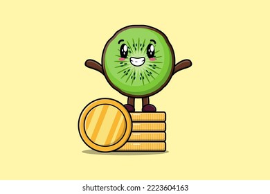 Cute cartoon Kiwi fruit character standing in stacked gold coin vector illustration in flat cartoon