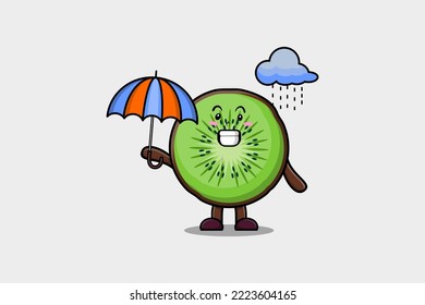 Cute cartoon Kiwi fruit character in the rain and using an umbrella in flat modern style design