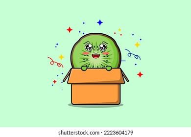 Cute cartoon Kiwi fruit character coming out from box in flat style cartoon vector icon illustration