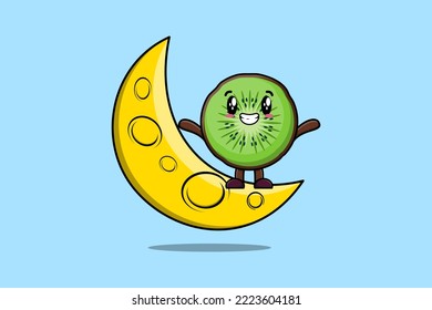 Cute cartoon Kiwi fruit character standing on the crescent moon in 3d modern design illustration