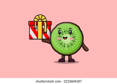Cute cartoon Kiwi fruit character coming out from big gift box look so happy flat cartoon style