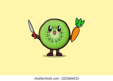 Cute cartoon Kiwi fruit character holding knife and carrot in modern style design