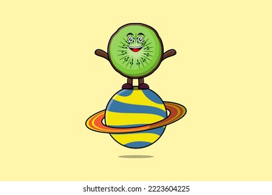 Cute cartoon Kiwi fruit character standing in planet vector icon illustration