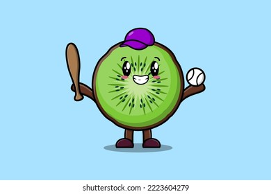 Cute cartoon Kiwi fruit character playing baseball in modern style design