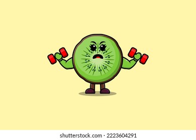 Cute cartoon Kiwi fruit character is fitness with barbell in modern style design