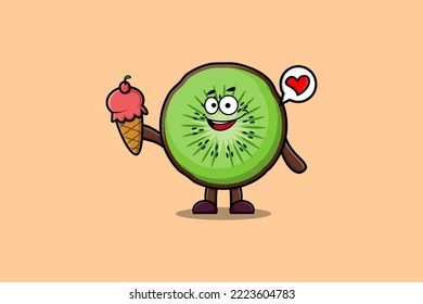 Cute Cartoon Kiwi fruit character holding ice cream cone in modern cute style illustration