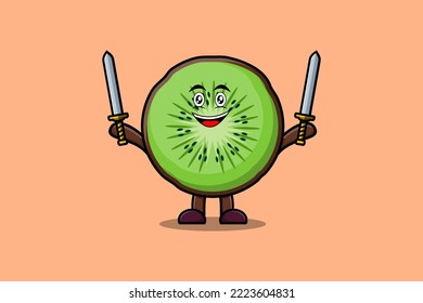Cute cartoon Kiwi fruit character holding two sword in 3d modern design illustration