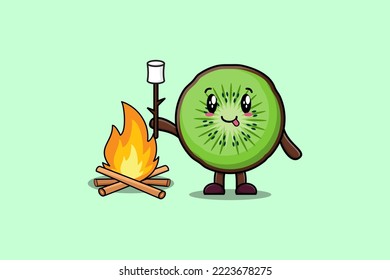 Cute cartoon kiwi fruit character is burning marshmallow