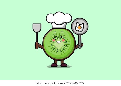 Cute cartoon Kiwi fruit chef character holding pan and spatula in flat cartoon style illustration