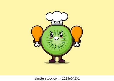 Cute cartoon Kiwi fruit chef character holding two chicken thighs in flat cartoon style illustration
