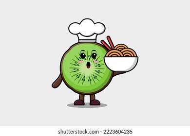 Dibujo lindo personaje del chef de la fruta de Kiwi sosteniendo fideos en un tazón de dibujos animados tipo ilustración