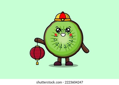 Cute cartoon Kiwi fruit chinese character holding lantern in vector icon illustration